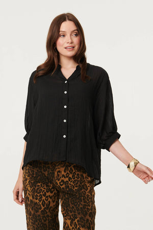 Black | Collarless Button Back 3/4 Sleeve Blouse