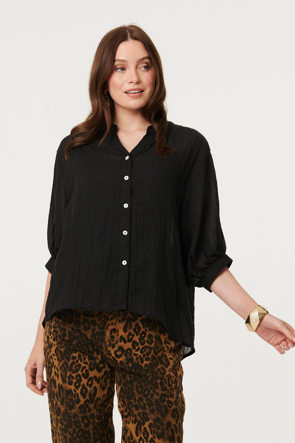 Black | Collarless Button Back 3/4 Sleeve Blouse