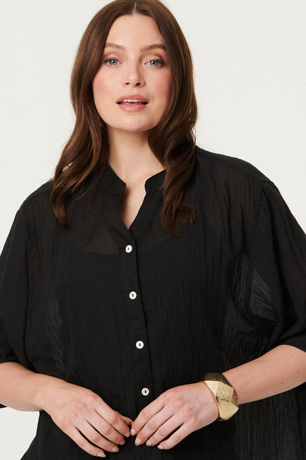 Black | Collarless Button Back 3/4 Sleeve Blouse