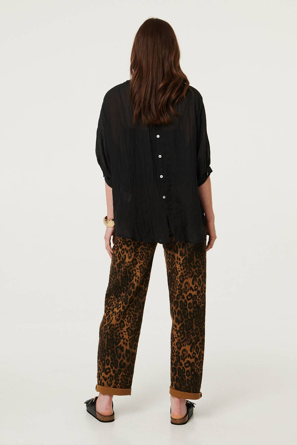 Black | Collarless Button Back 3/4 Sleeve Blouse