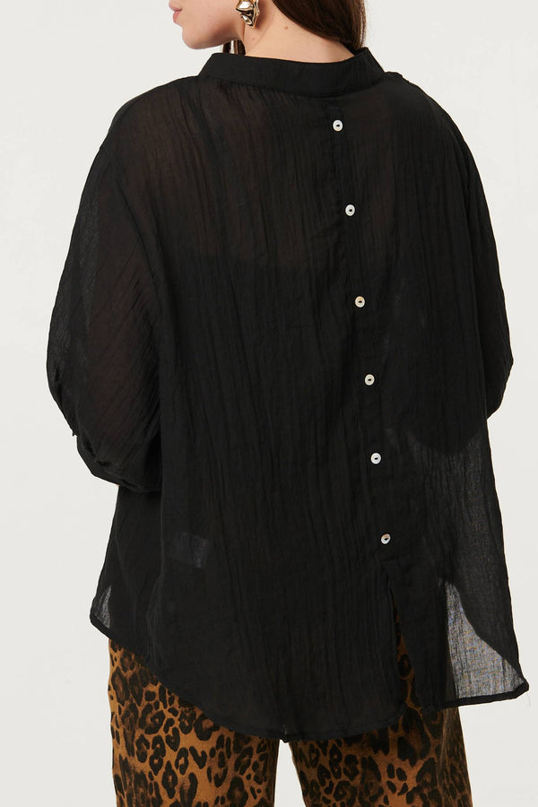 Black | Collarless Button Back 3/4 Sleeve Blouse