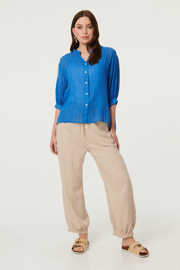 Blue | Collarless Button Back 3/4 Sleeve Blouse