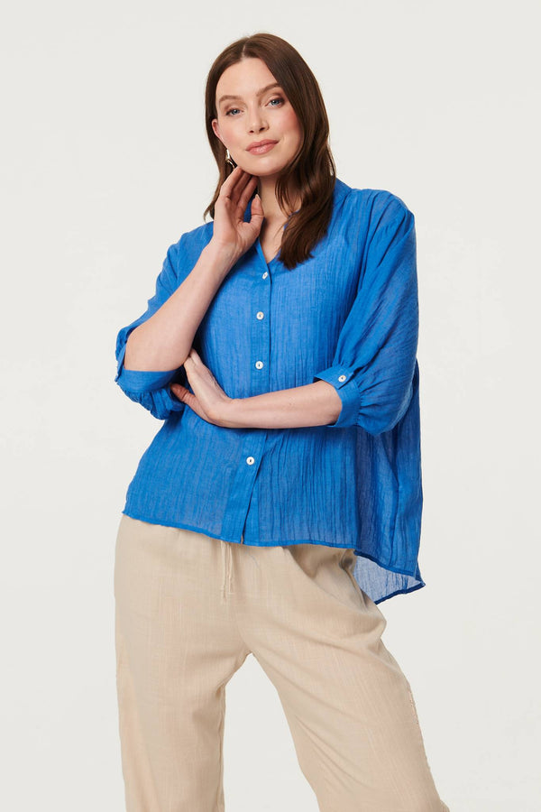 Blue | Collarless Button Back 3/4 Sleeve Blouse : Model is 5'9"/175 cm and wears UK8/EU36/US4/AUS8