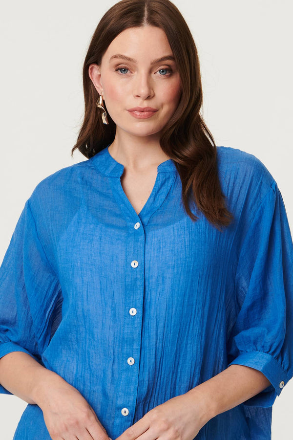 Blue | Collarless Button Back 3/4 Sleeve Blouse
