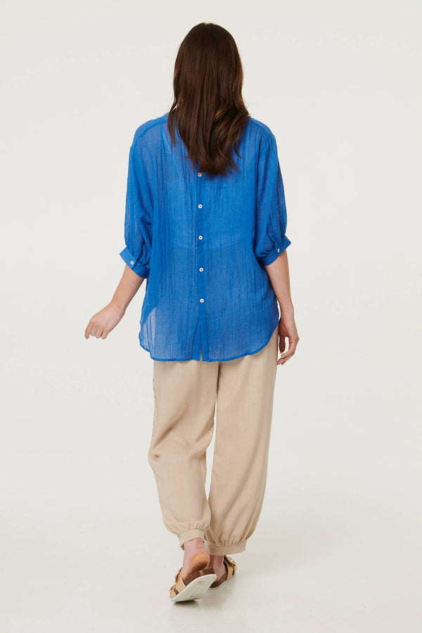Blue | Collarless Button Back 3/4 Sleeve Blouse