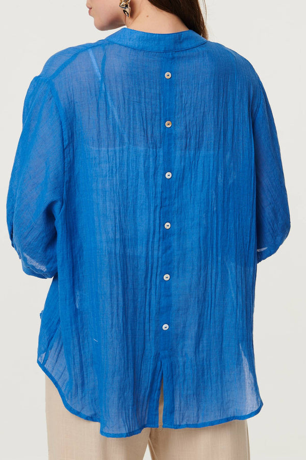 Blue | Collarless Button Back 3/4 Sleeve Blouse