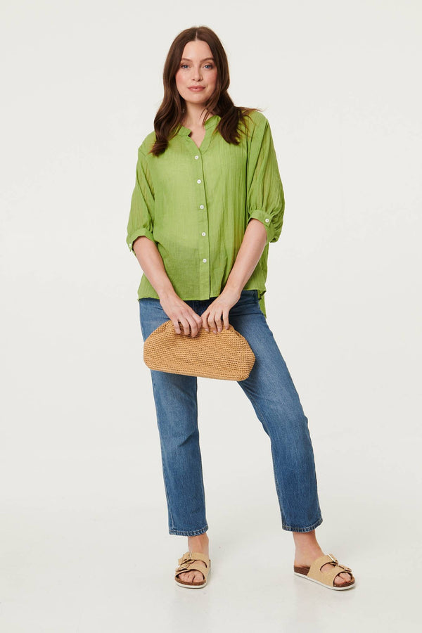 Green | Collarless Button Back 3/4 Sleeve Blouse