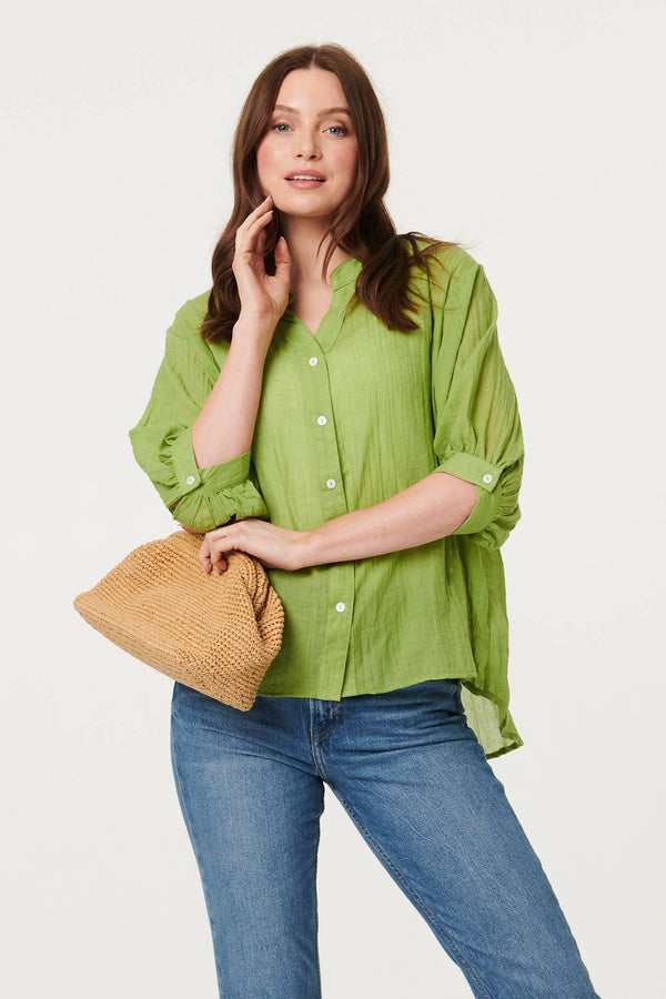 Green | Collarless Button Back 3/4 Sleeve Blouse : Model is 5'9"/175 cm and wears UK8/EU36/US4/AUS8