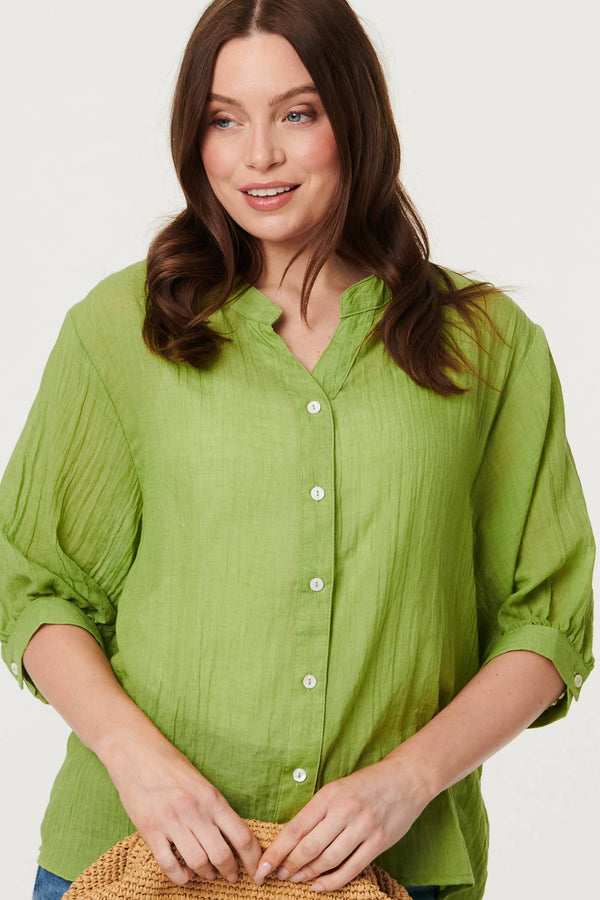 Green | Collarless Button Back 3/4 Sleeve Blouse