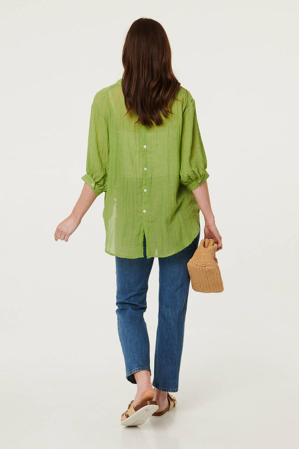 Green | Collarless Button Back 3/4 Sleeve Blouse