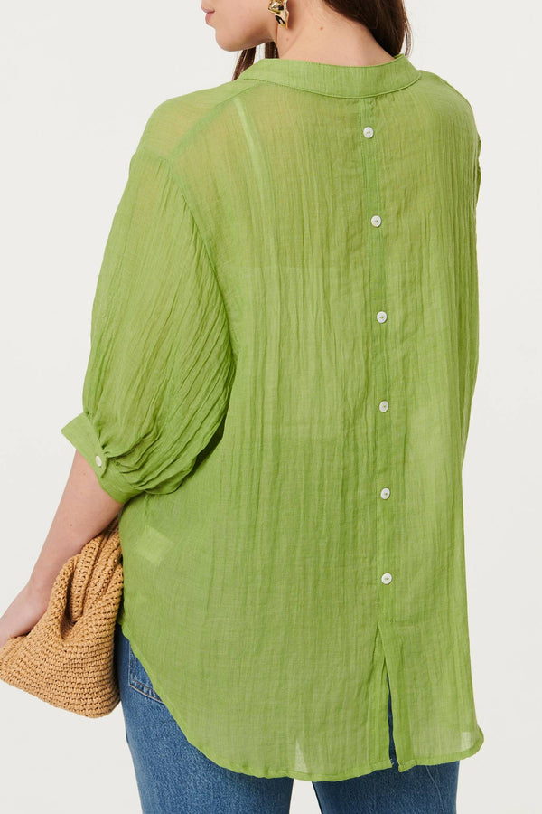 Green | Collarless Button Back 3/4 Sleeve Blouse