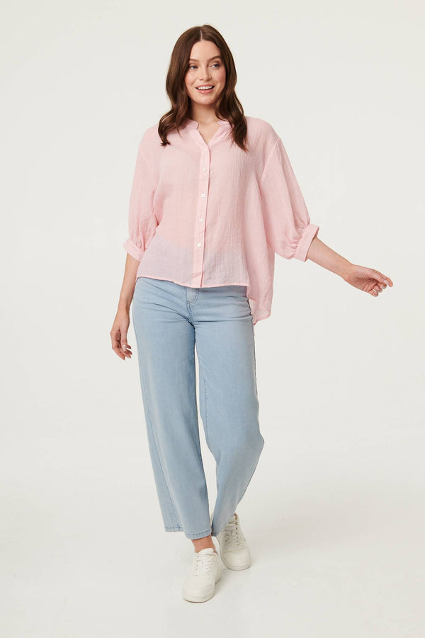Pink | Collarless Button Back 3/4 Sleeve Blouse