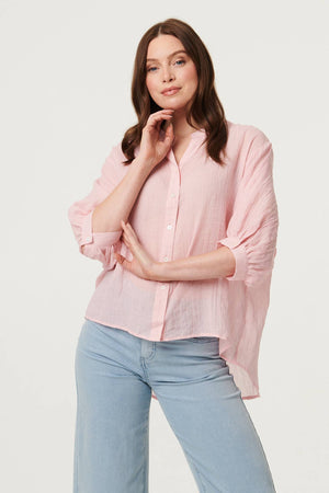 Pink | Collarless Button Back 3/4 Sleeve Blouse : Model is 5'9