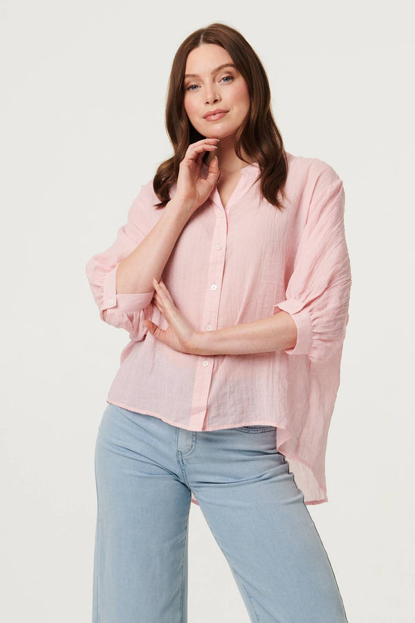 Pink | Collarless Button Back 3/4 Sleeve Blouse : Model is 5'9"/175 cm and wears UK8/EU36/US4/AUS8