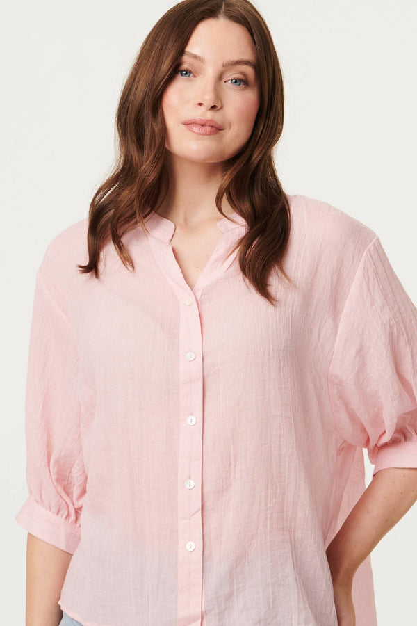 Pink | Collarless Button Back 3/4 Sleeve Blouse