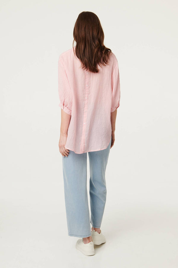 Pink | Collarless Button Back 3/4 Sleeve Blouse