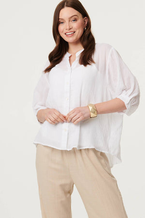 White | Collarless Button Back 3/4 Sleeve Blouse