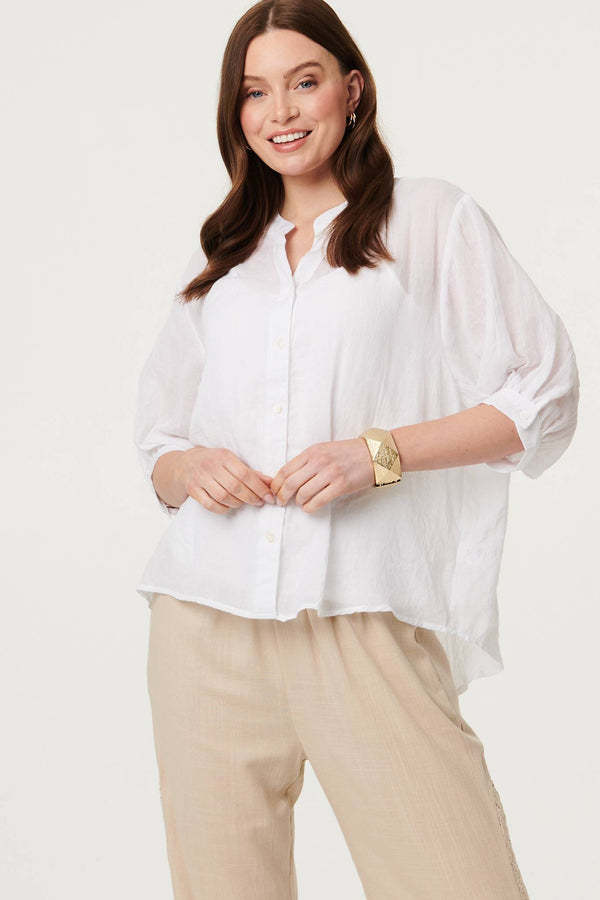 White | Collarless Button Back 3/4 Sleeve Blouse