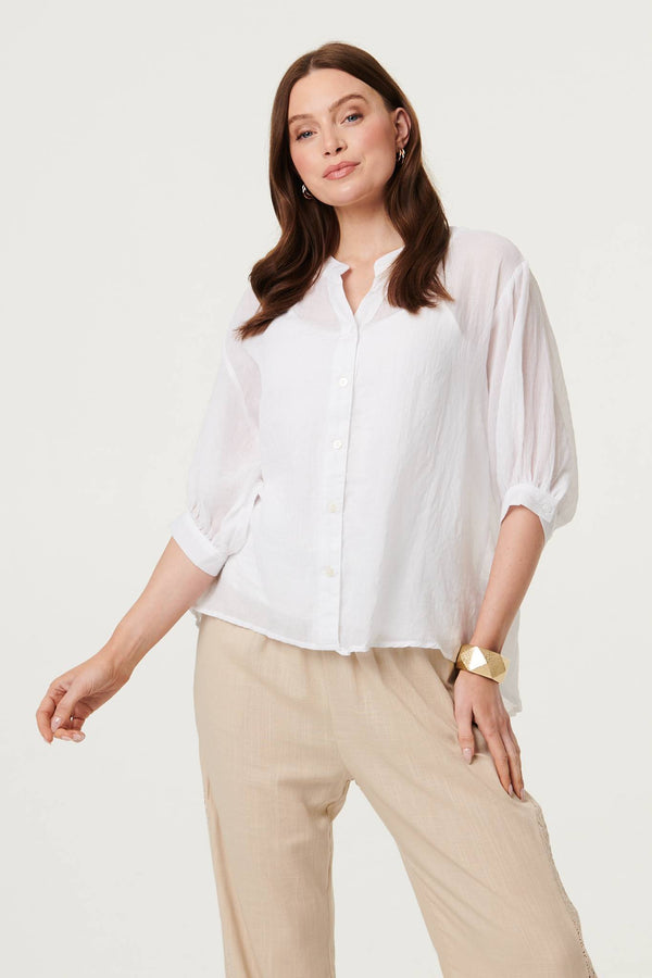 White | Collarless Button Back 3/4 Sleeve Blouse : Model is 5'9"/175 cm and wears UK8/EU36/US4/AUS8