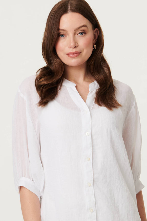 White | Collarless Button Back 3/4 Sleeve Blouse