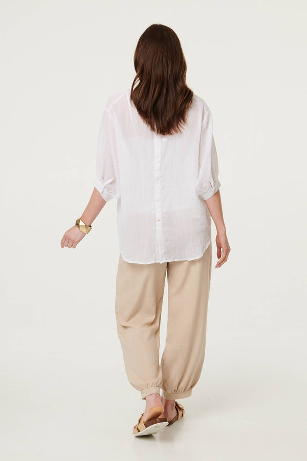 White | Collarless Button Back 3/4 Sleeve Blouse