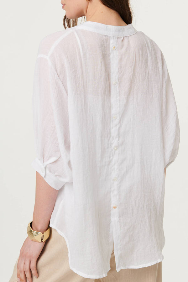 White | Collarless Button Back 3/4 Sleeve Blouse