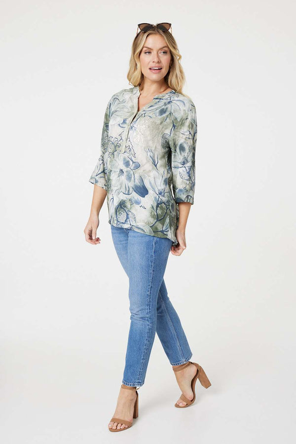 Sage | Floral Button Detail Blouse 
