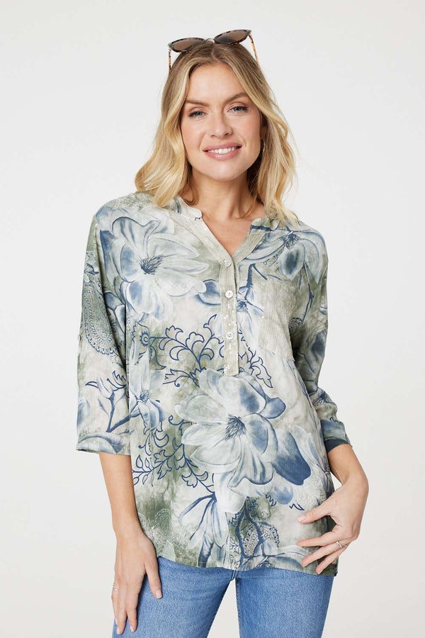 Sage | Floral Button Detail Blouse 