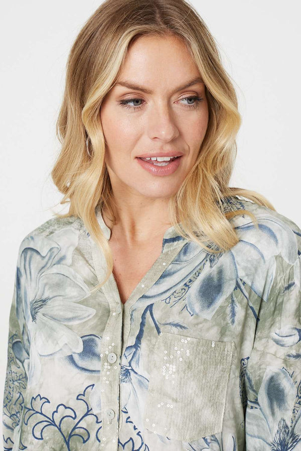 Sage | Floral Button Detail Blouse 