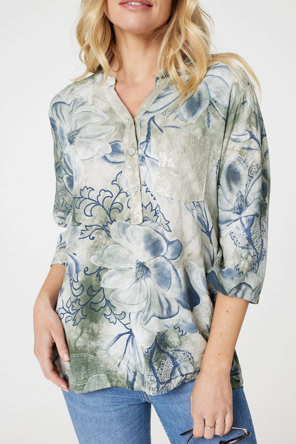 Sage | Floral Button Detail Blouse 