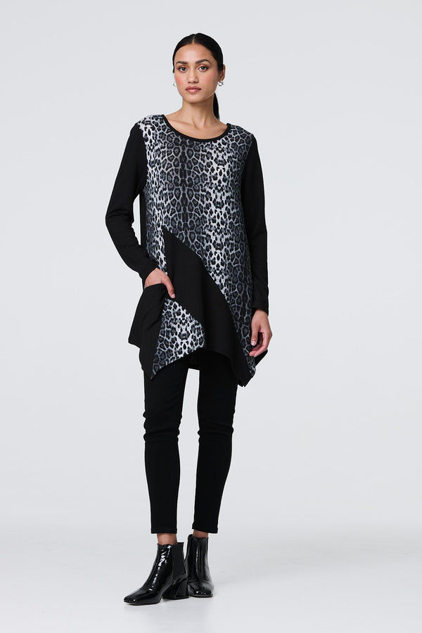 Black | Animal Print Asymmetric Hem Tunic
