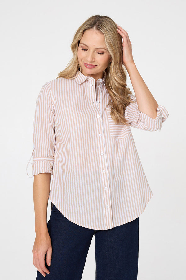 Beige | Striped Long Sleeve Shirt : Model is 5'10"/178 cm and wears UK10/EU38/US6/AUS10
