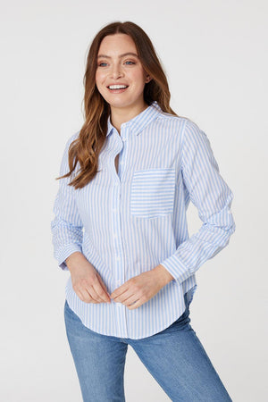Blue | Striped Long Sleeve Shirt : Model is 5'9