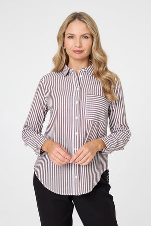Brown | Striped Long Sleeve Shirt : Model is 5'10