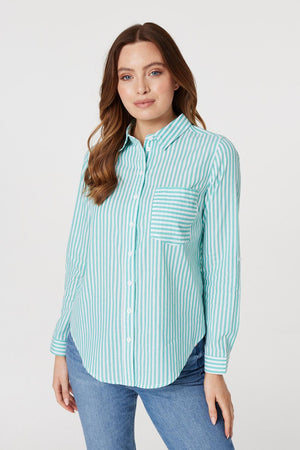 Green | Striped Long Sleeve Shirt : Model is 5'9
