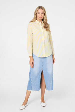 Yellow | Striped Long Sleeve Shirt : Model is 5'10