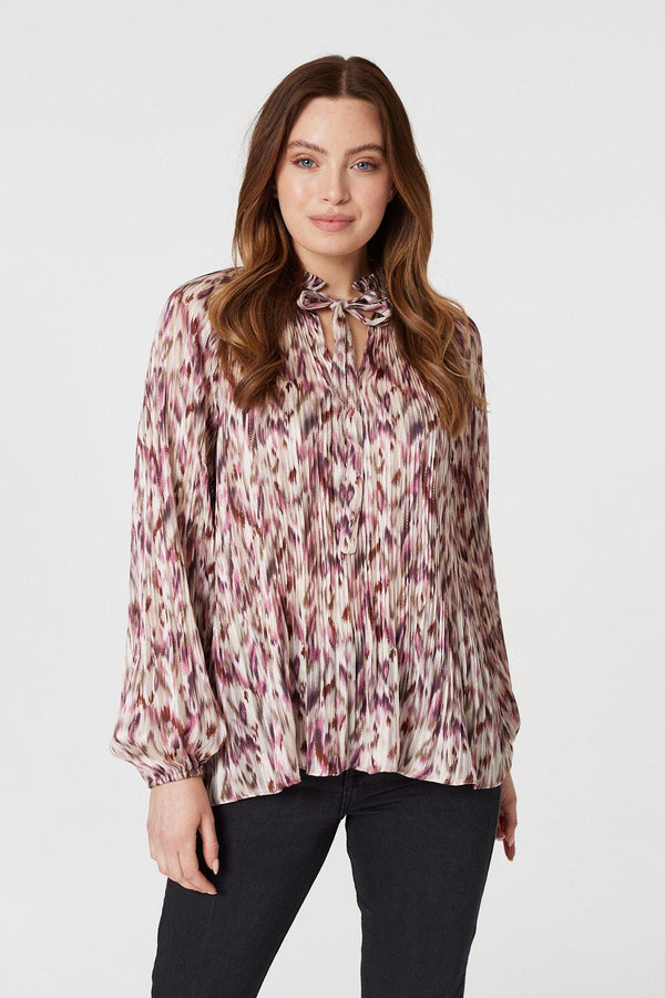 Pink | Printed Tie Neck Blouse : Model is 5'9"/175 cm and wears UK8/EU36/US4/AUS8