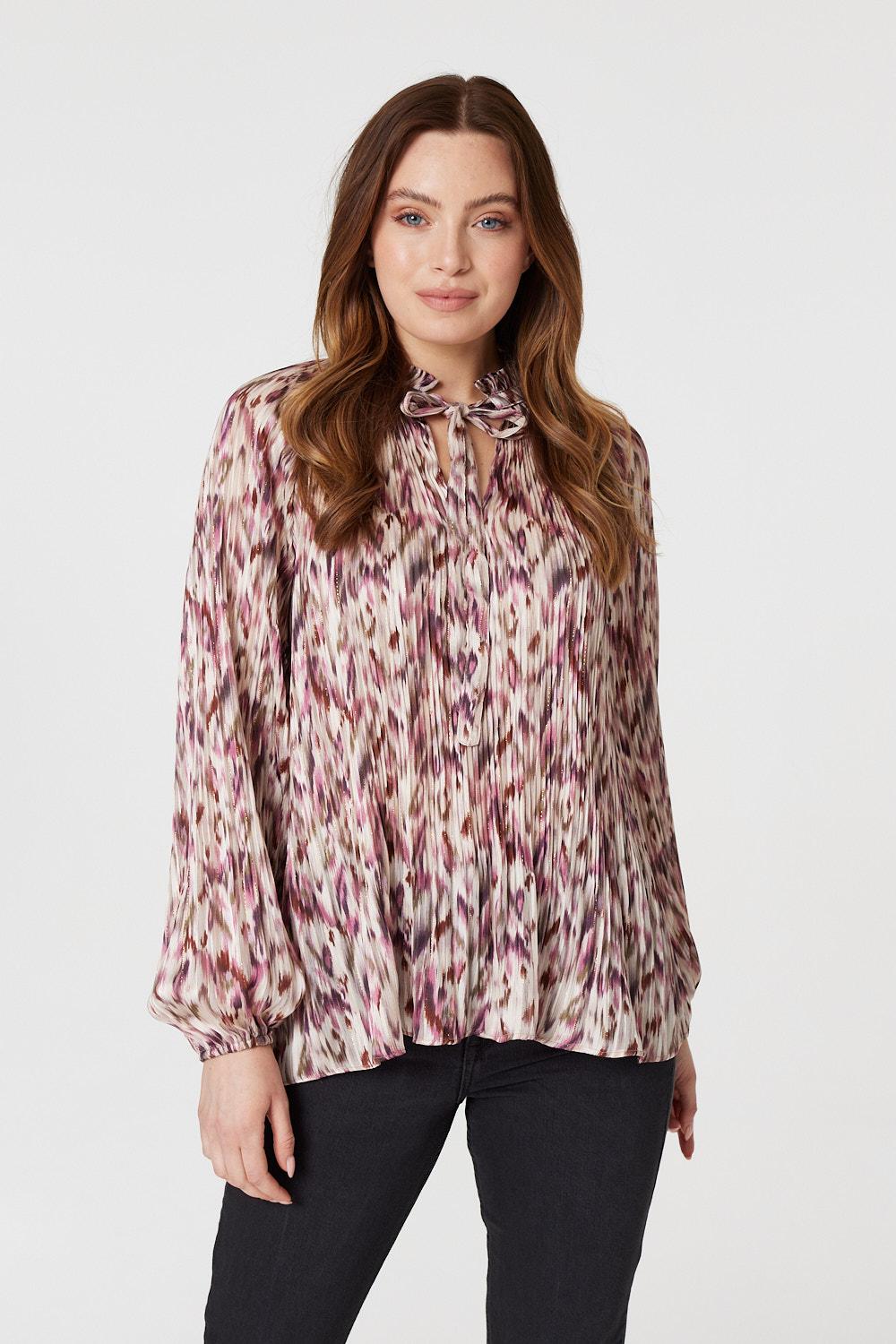 Pink | Printed Tie Neck Blouse