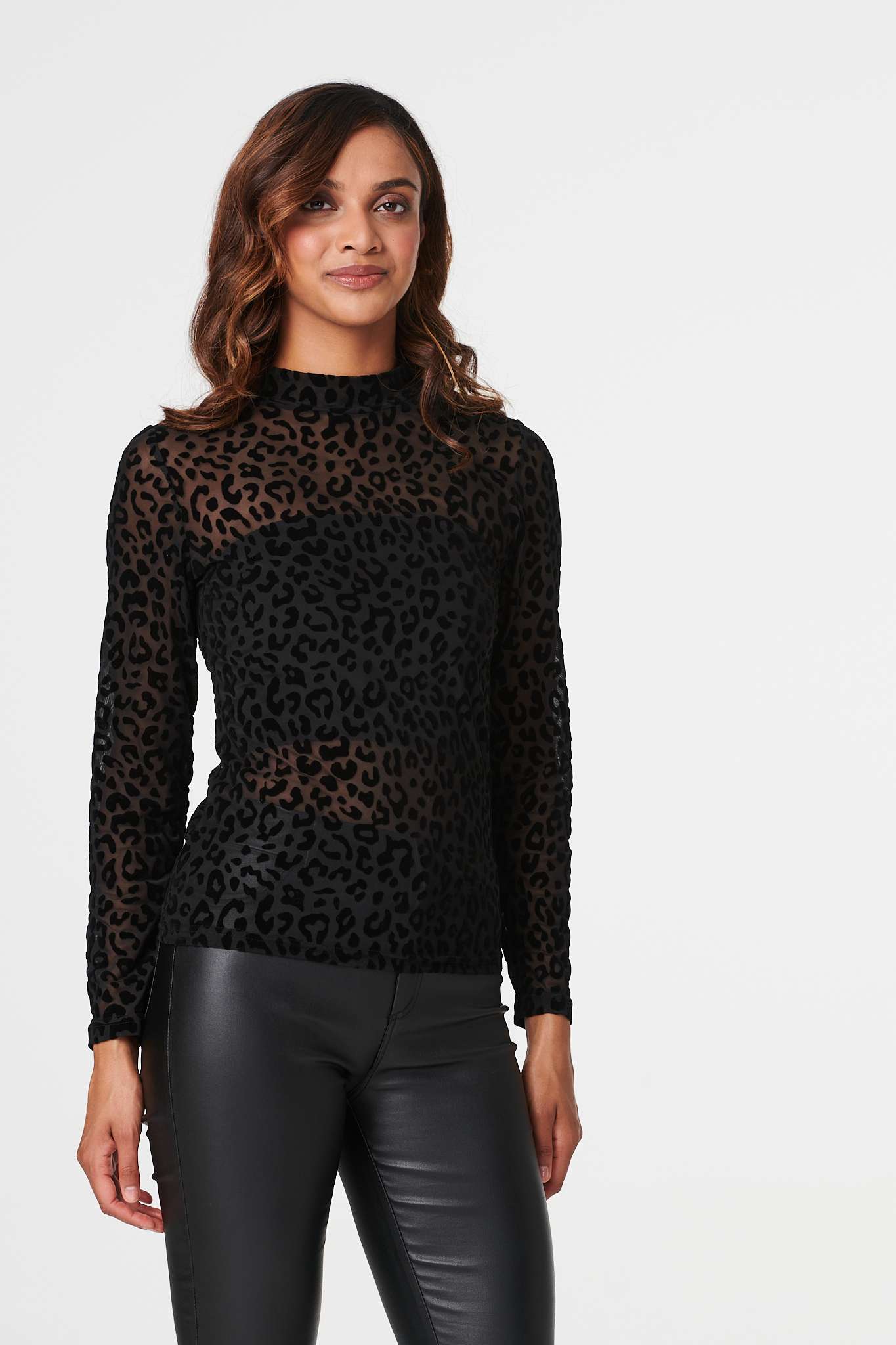 Black | Leopard Print High Neck Top