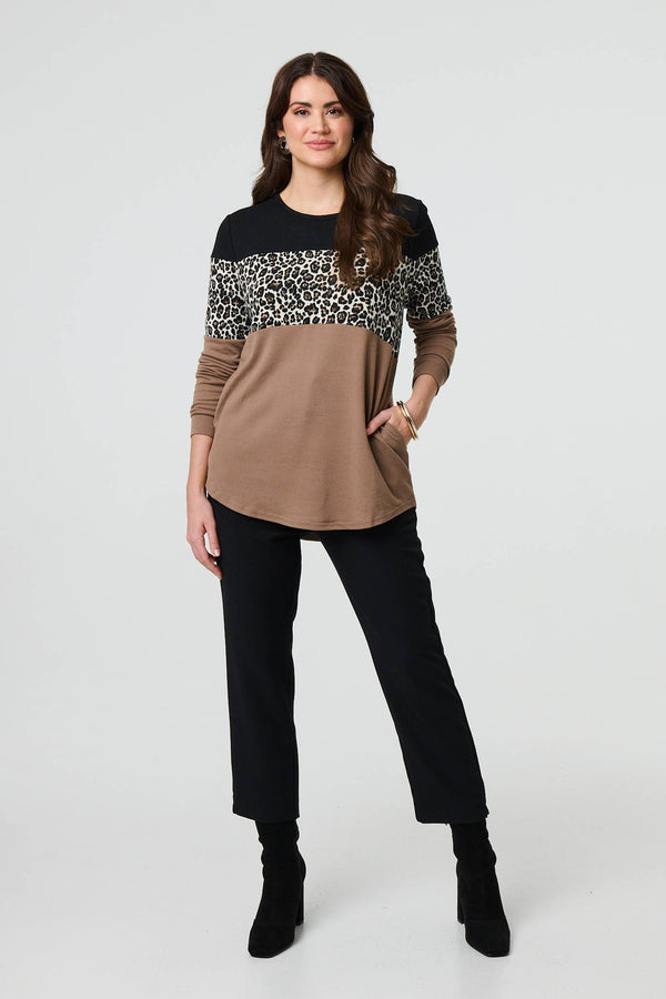 Brown | Animal Print Striped Top

