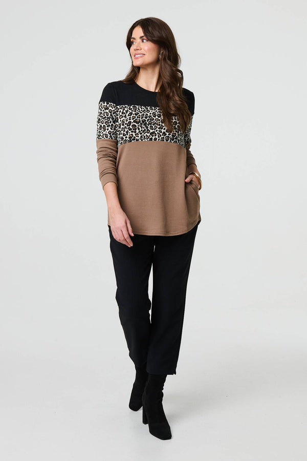Brown | Animal Print Striped Top
