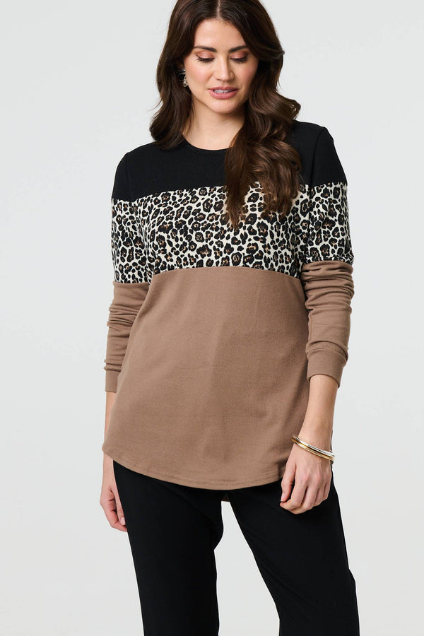 Brown | Animal Print Striped Top
