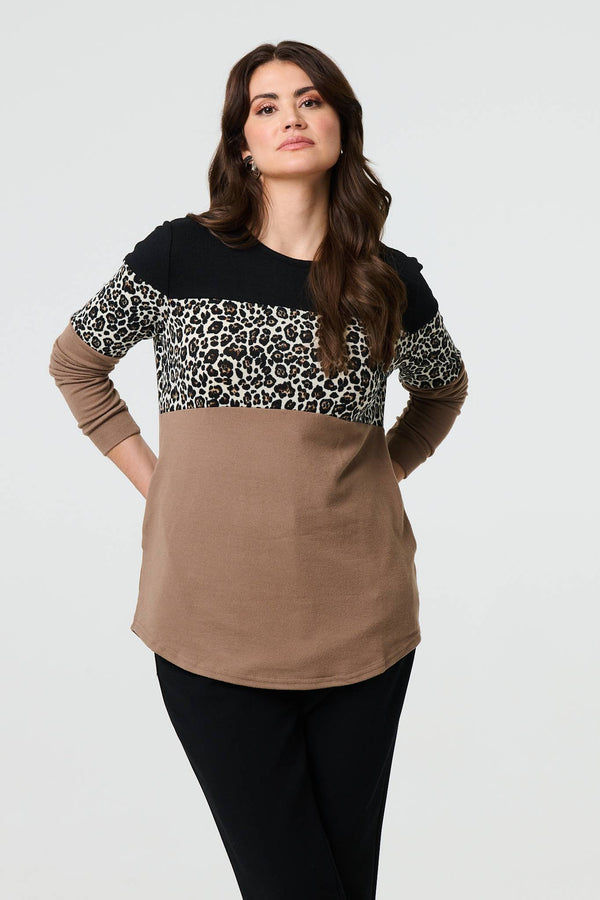 Brown | Animal Print Striped Top
