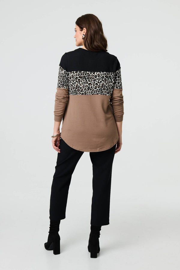 Brown | Animal Print Striped Top
