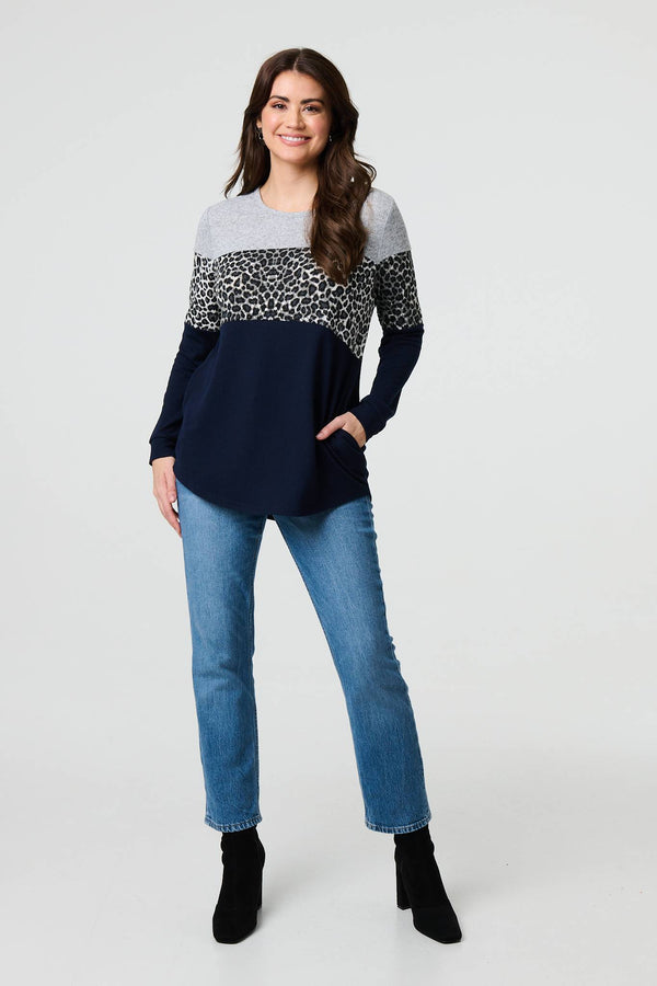 Navy | Animal Print Striped Top
