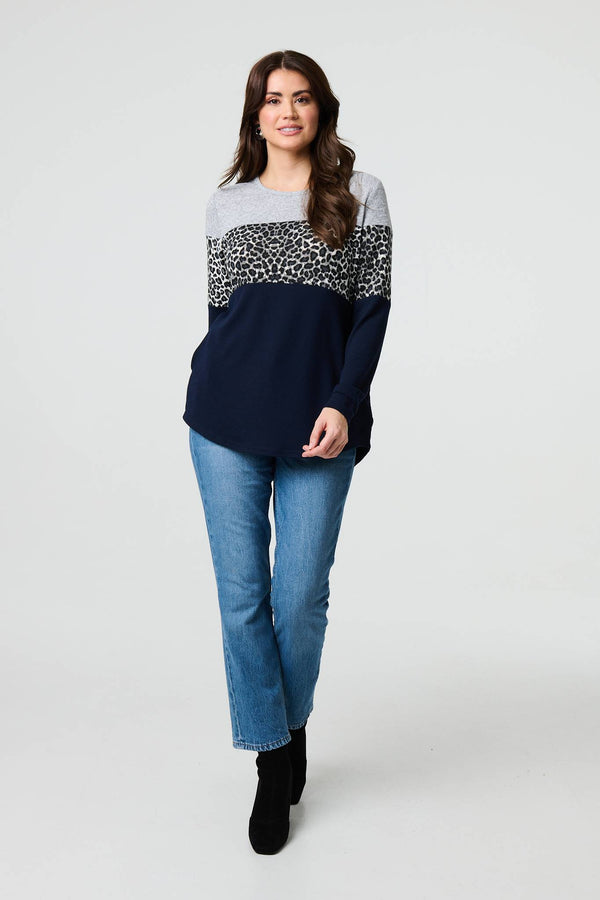 Navy | Animal Print Striped Top
