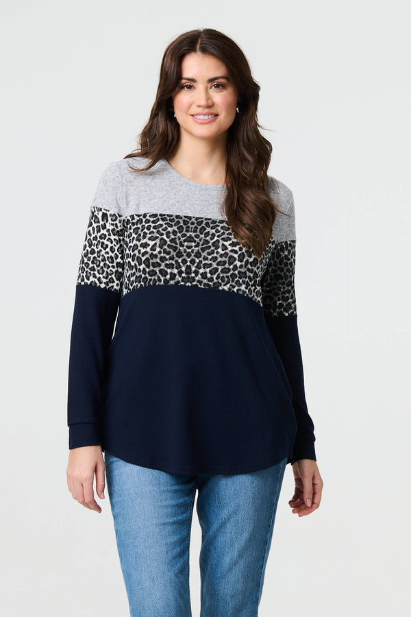 Navy | Animal Print Striped Top
