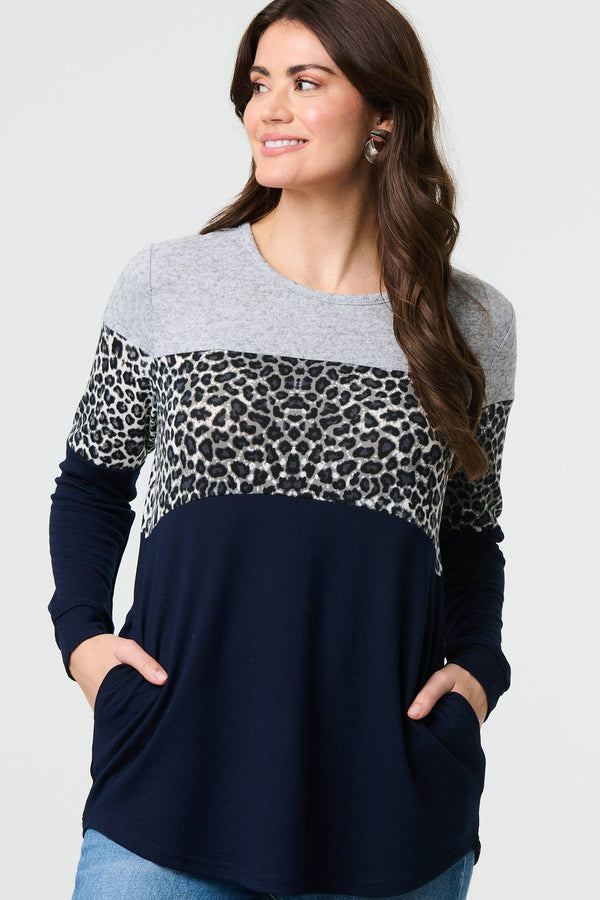 Navy | Animal Print Striped Top
