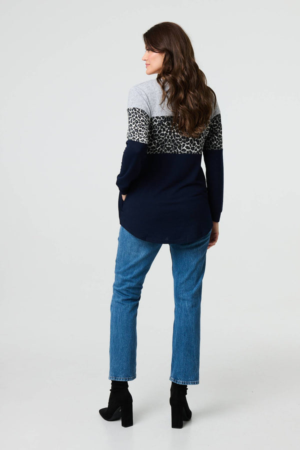 Navy | Animal Print Striped Top
