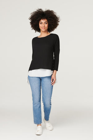 Black | Layered Hem Button Detail Top